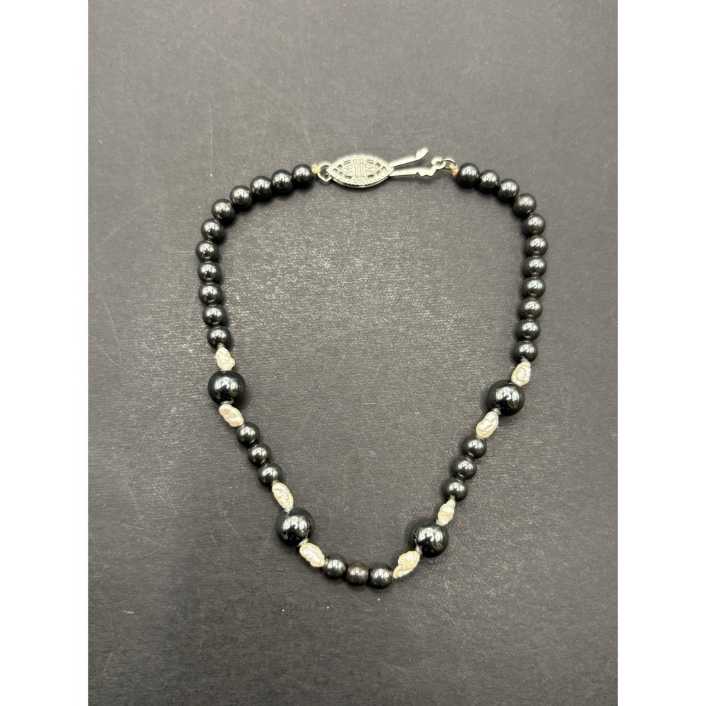 7.5" Vintage Sterling Silver Hematite Pearl Bracelet 925 H5